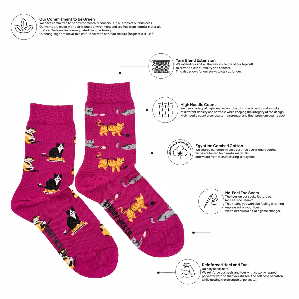 A pair of bright pink crew socks with a playful cartoon pattern of black cats, yellow lions, and white elephants walking along the sides. The image is presented on a white background with informational callouts detailing the product's features, such as 'Yarn Blend Extension' and 'High Needle Count'.