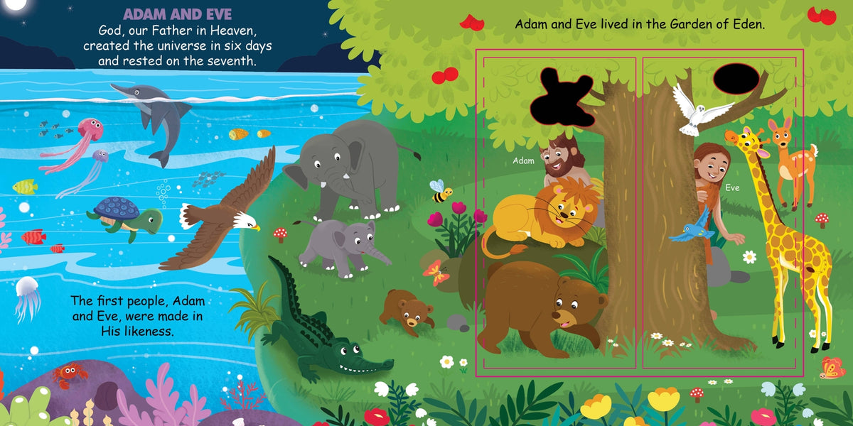 Illustrated book page with Adam and Eve in the Garden of Eden surrounded by animals.