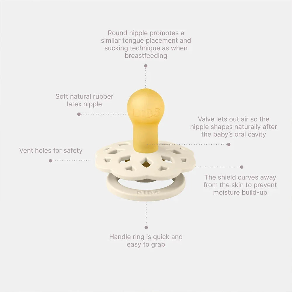 Infographic of a baby teether with features highlighted on a white background