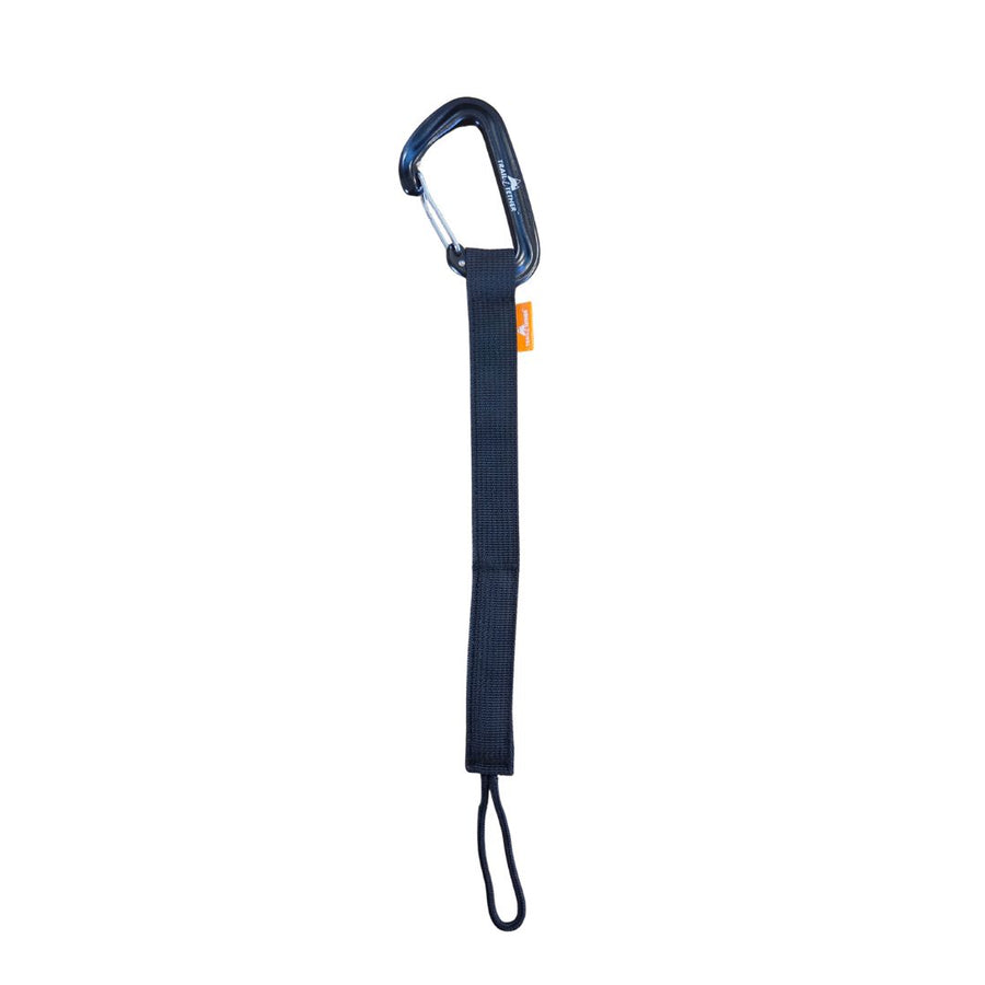 Black carabiner with a strap on a white background