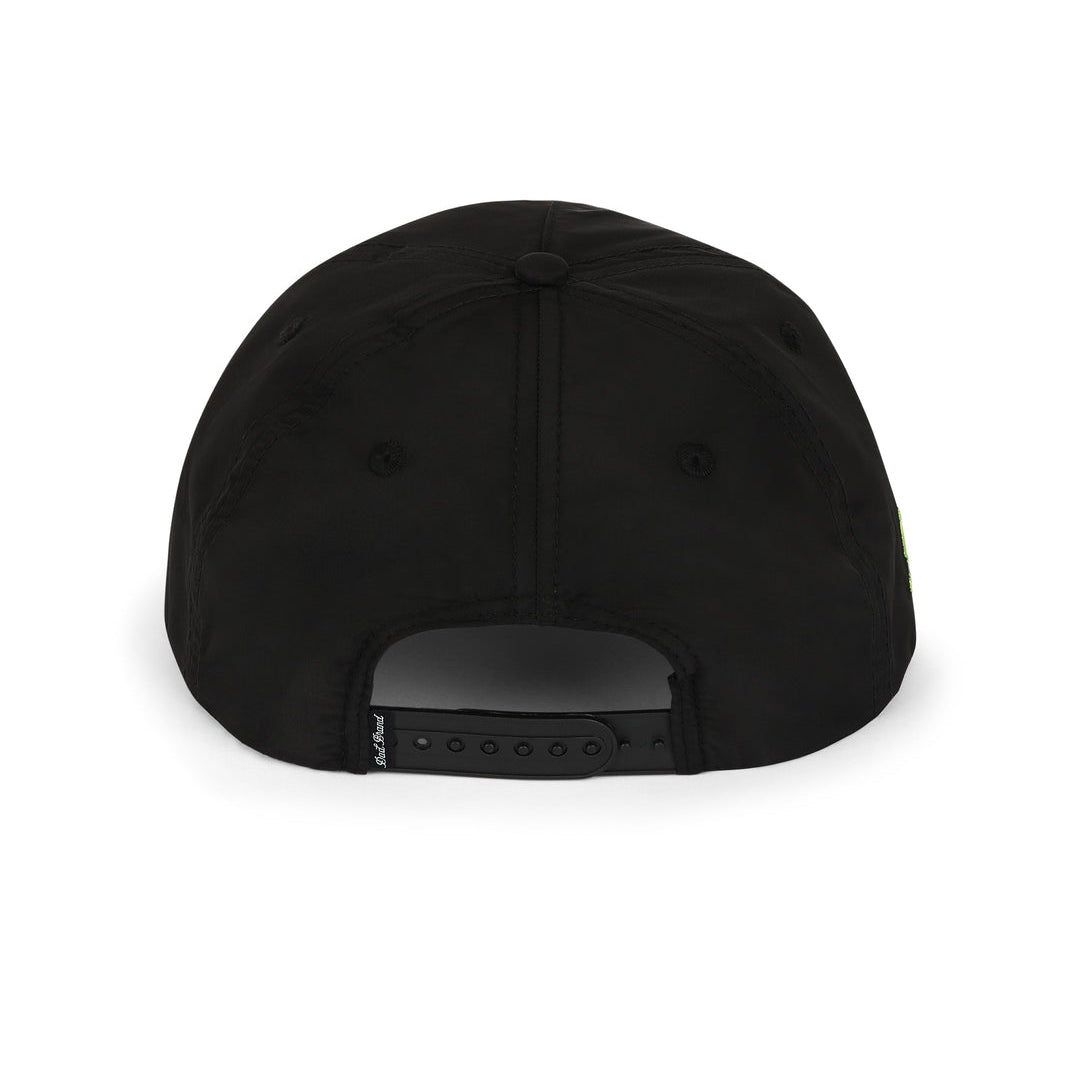 Black cap with a brand logo on the back against a white background