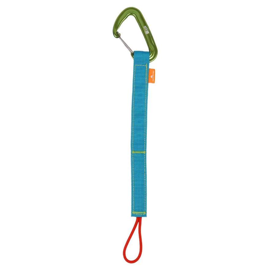 Blue carabiner with a green clip and red end on a white background