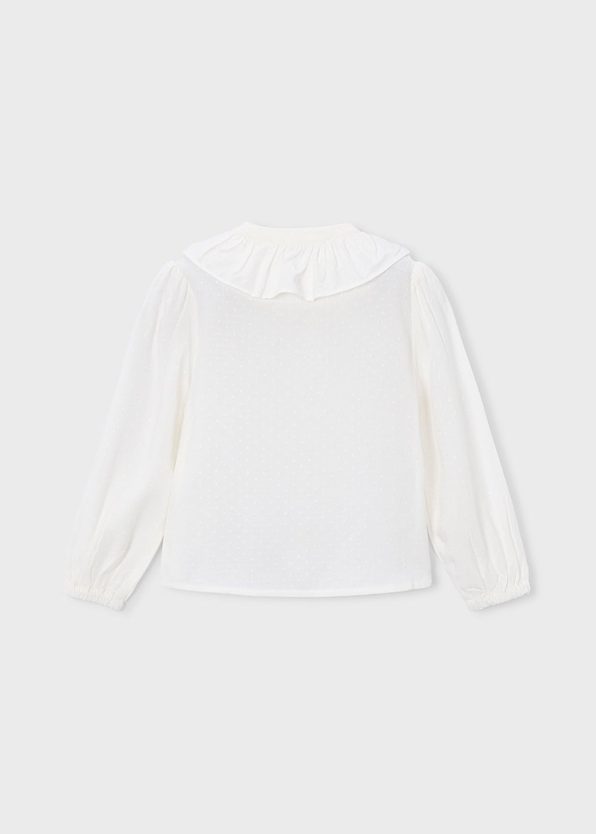 A white long-sleeve blouse with a ruffled collar, displayed flat against a light gray background.
