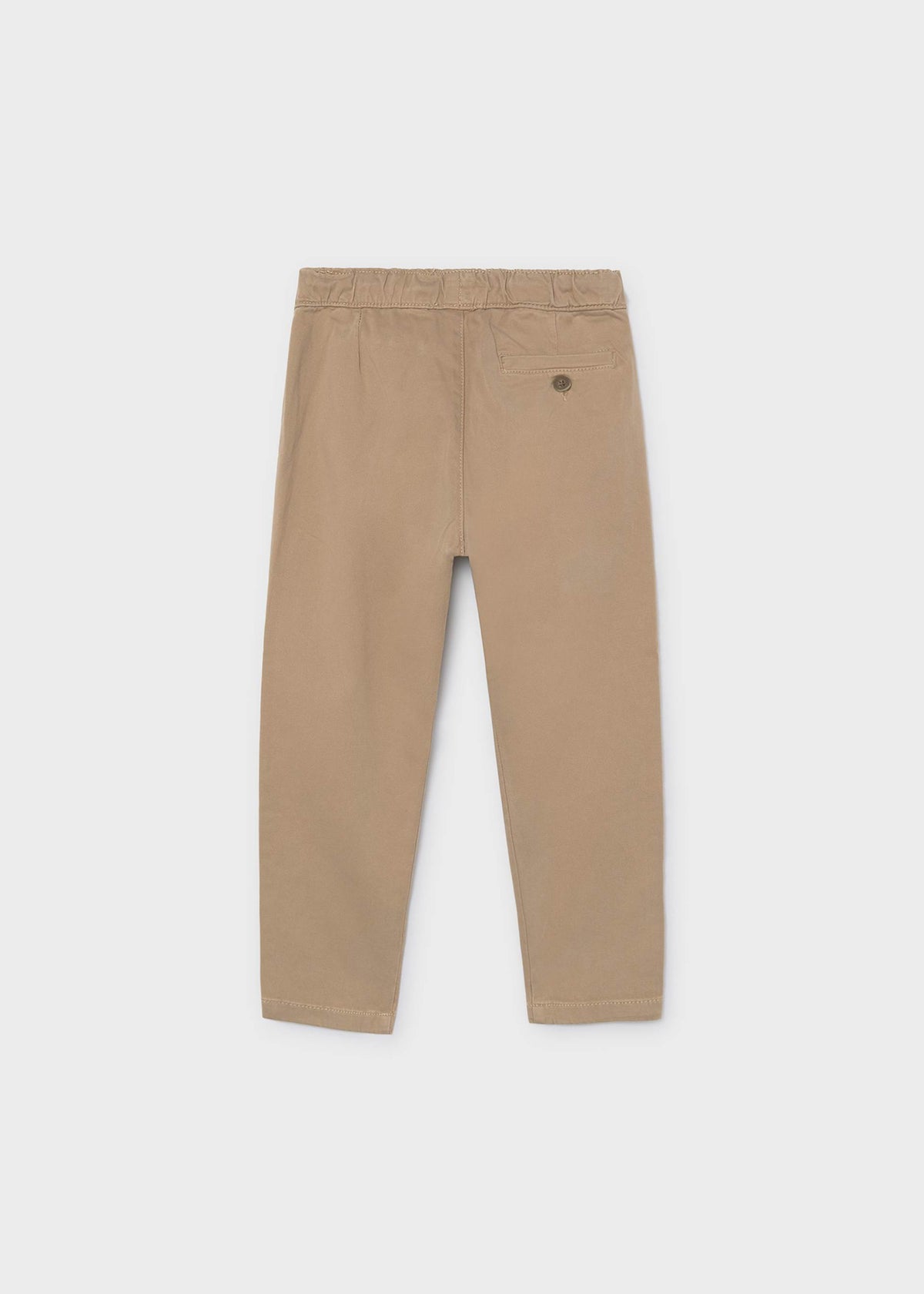 A pair of beige trousers shown from the back on a light gray background.