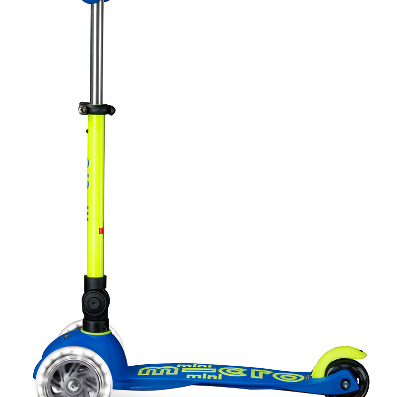 Children's scooter with blue, yellow, and green colors on a white background
