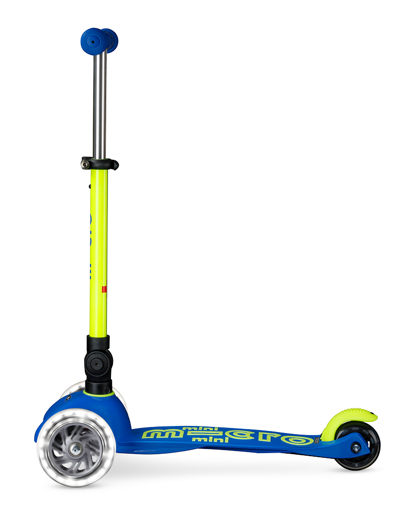 Children's scooter with blue, yellow, and green colors on a white background