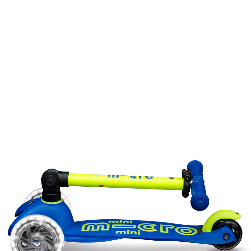 Blue and yellow scooter with 'mini micro' branding on a white background