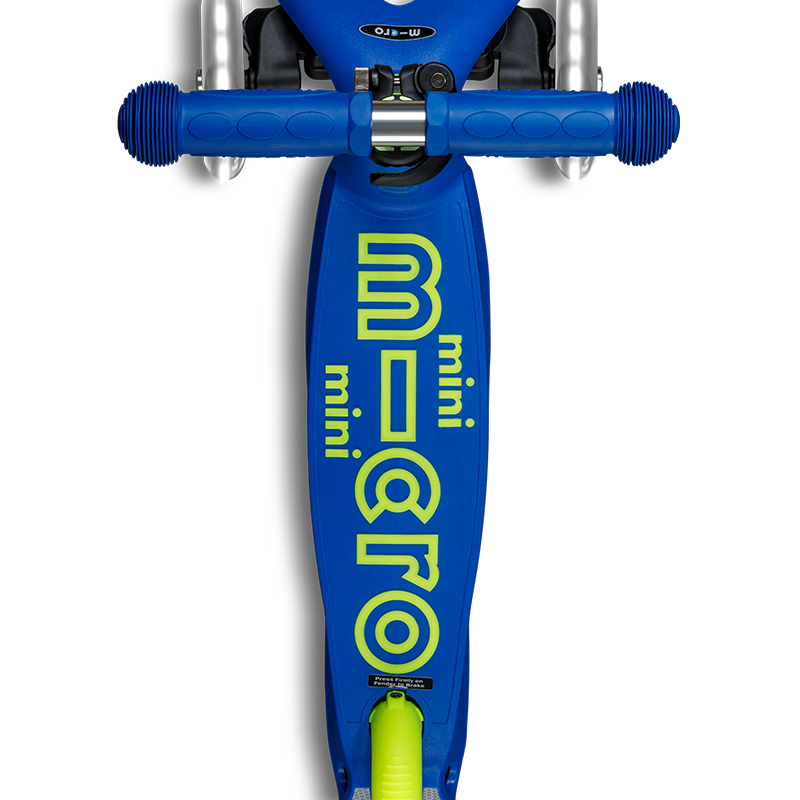 Blue and green scooter with 'mini' branding on a white background