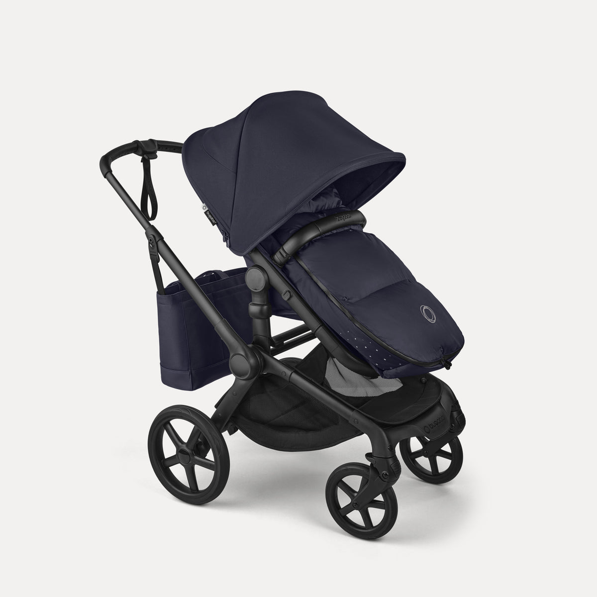 Navy blue stroller with black frame on a white background