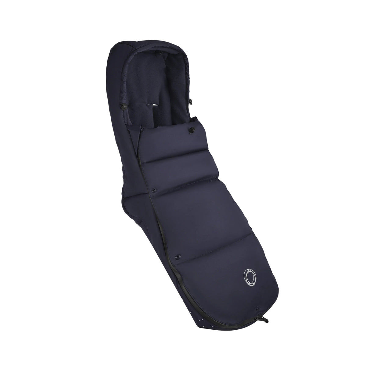 Navy blue baby stroller footmuff on a light gray background