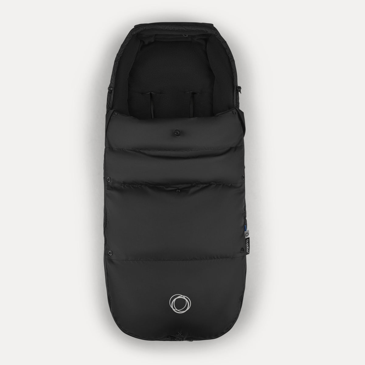 Black baby stroller footmuff on a light gray background