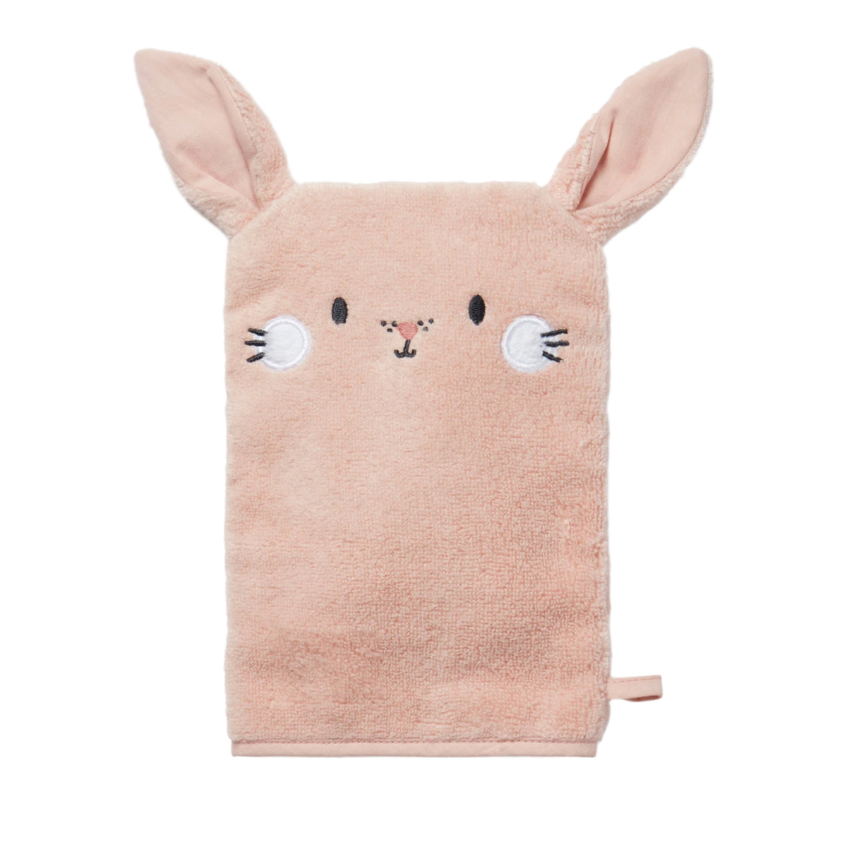 Pink towel with bunny face and ears on a white background