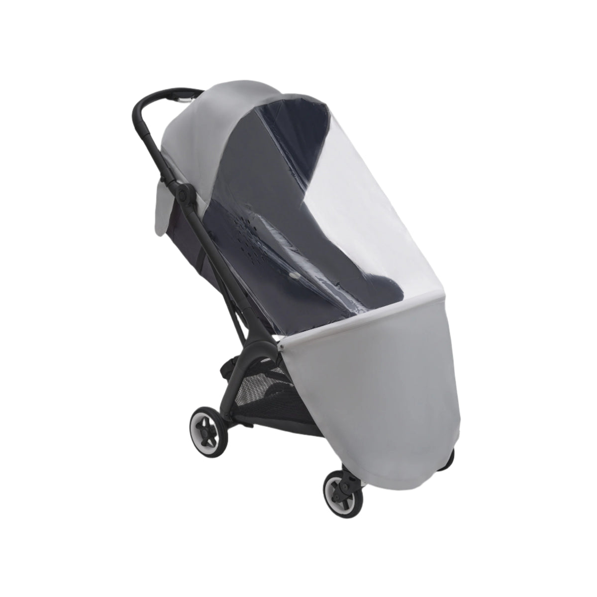 Baby stroller with transparent canopy on a white background