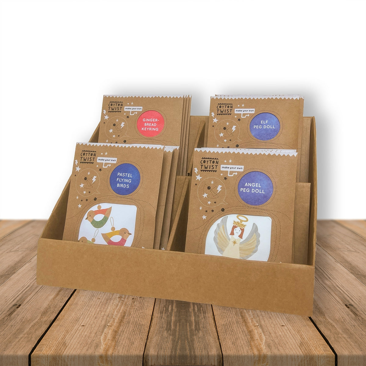 Brown paper packages with labels on a wooden surface