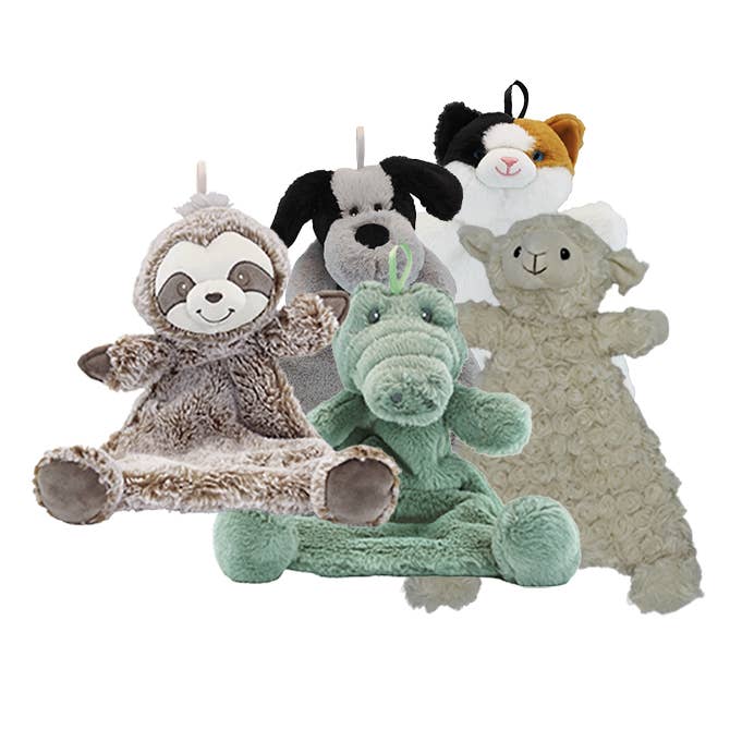 Set of plush toys including a sloth, dog, cat, and sheep on a white background
