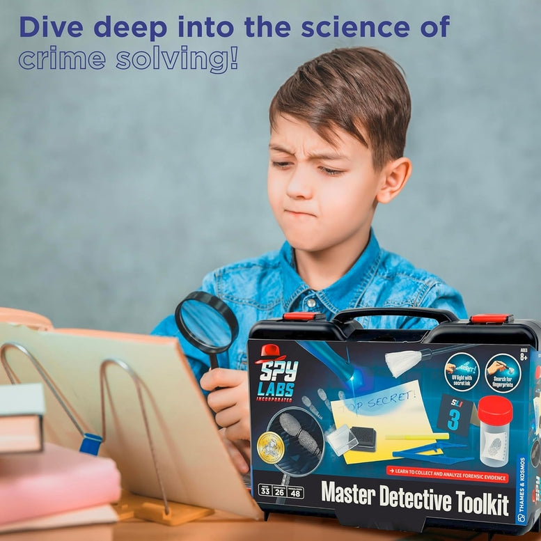 Children playing with a Master Detective Toolkit in a room with colorful lighting.