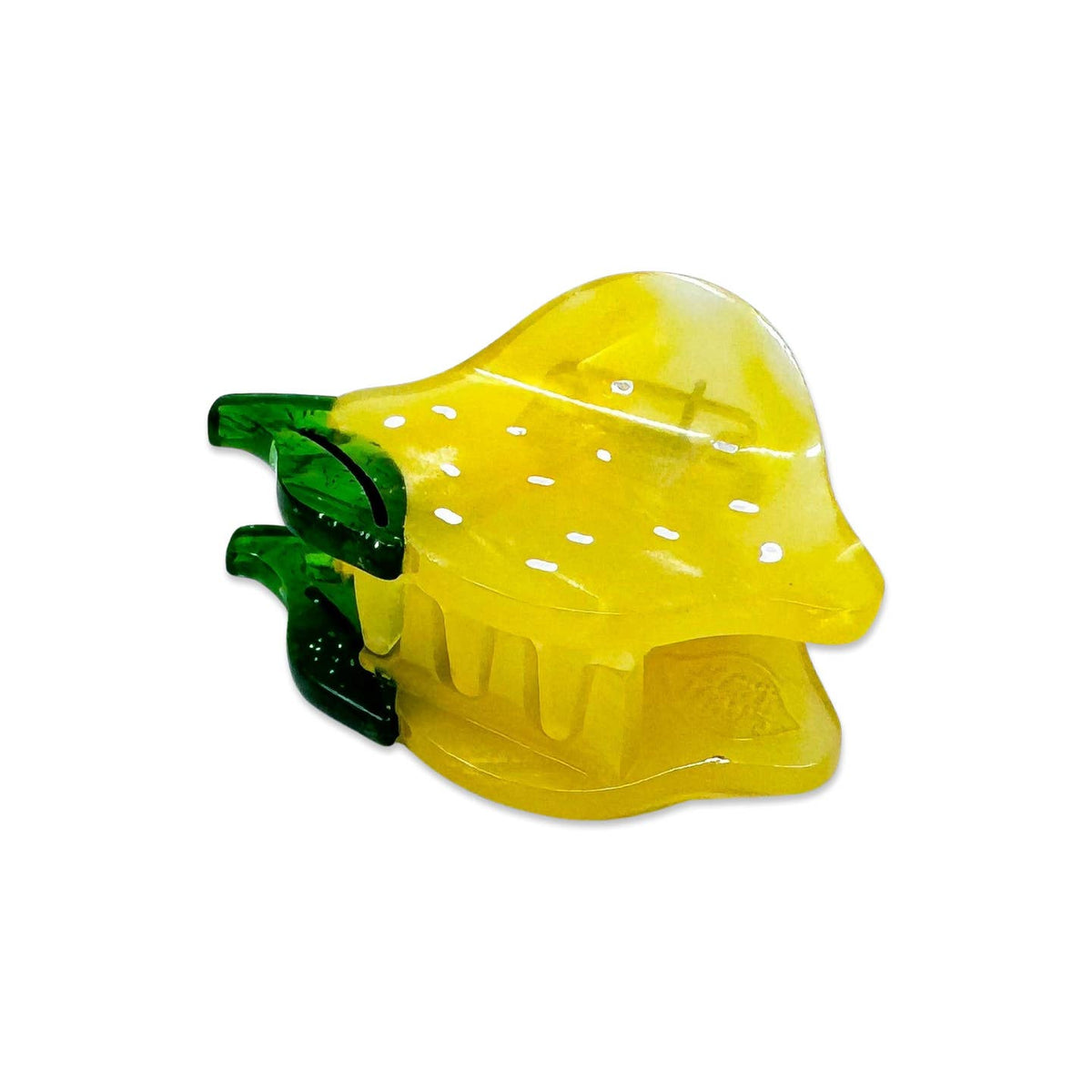 Yellow strawberry-shaped object with green stem on a white background