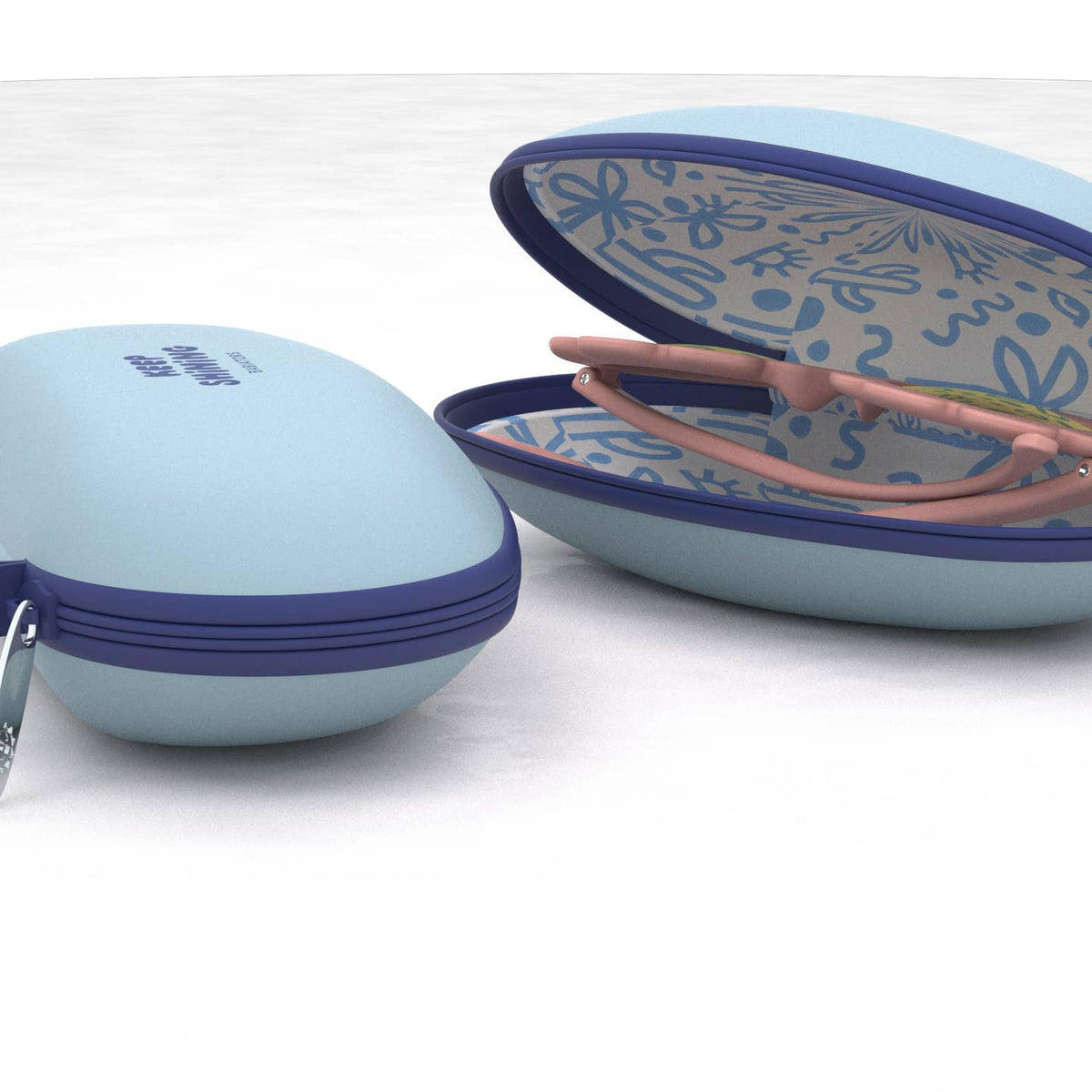 Light blue hair tie case with floral design on a white background