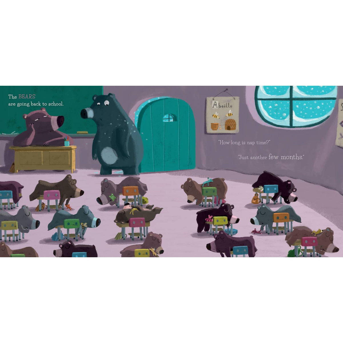 Illustration of bears in a classroom setting with a teacher bear, classroom decor, and a window showing stars.