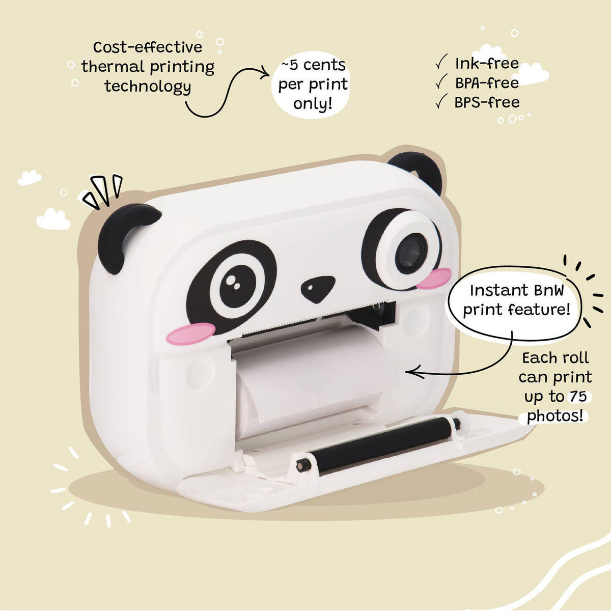 Cute panda-shaped printer with features highlighted on a beige background
