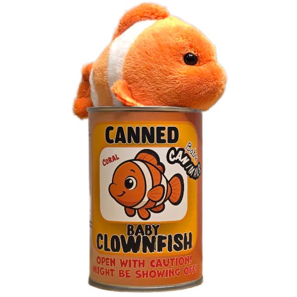 Plush toy clownfish in a can labeled 'Canned Baby Clownfish' on a white background