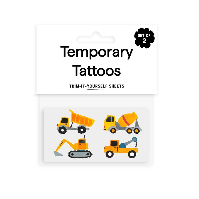 Set of temporary tattoos with construction vehicle designs on a white background.