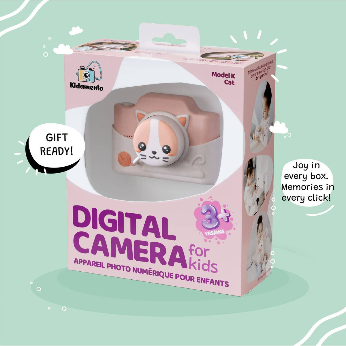 Digital camera for kids in packaging with pink and white design