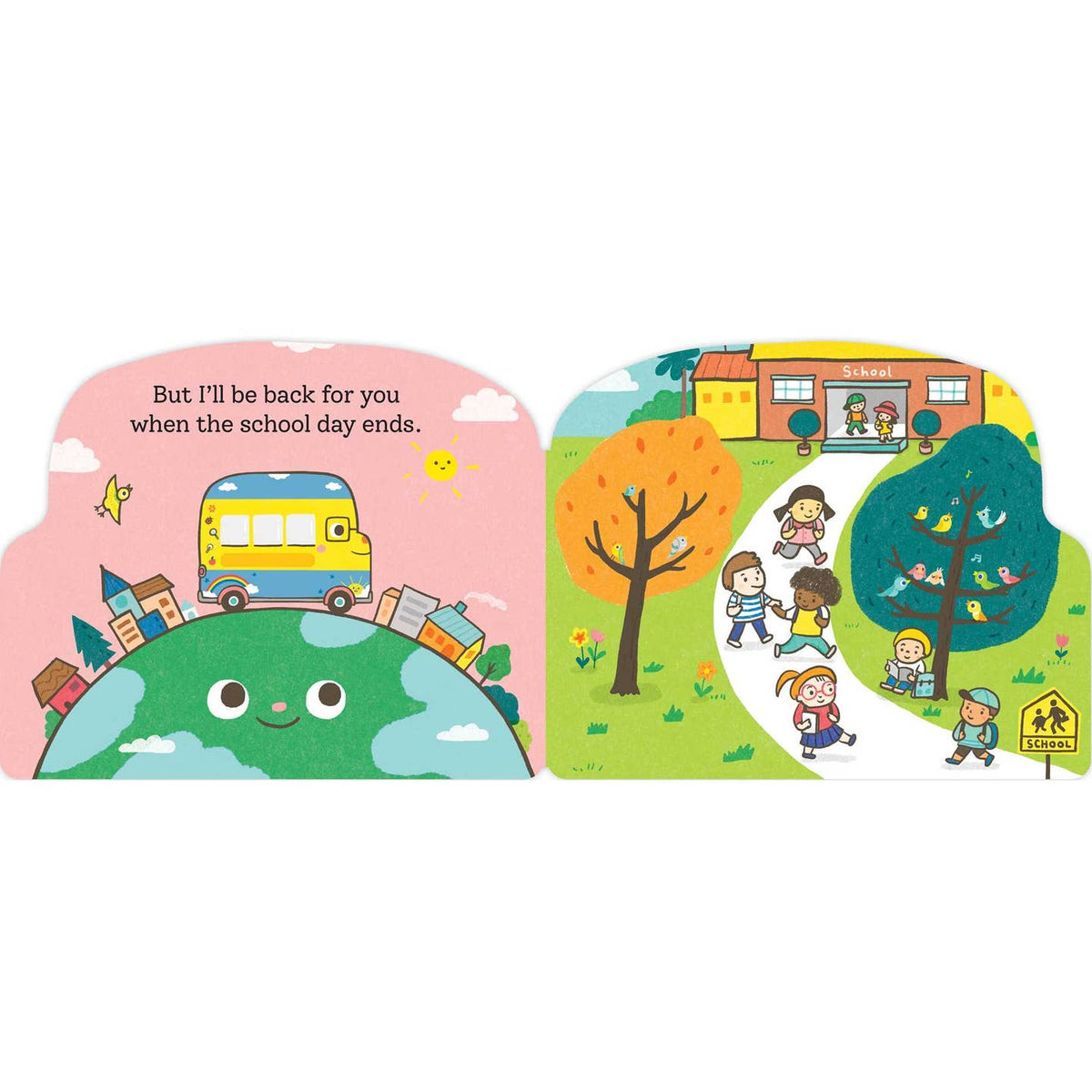 Illustrated book pages with a school bus, children, and nature elements on a white background.