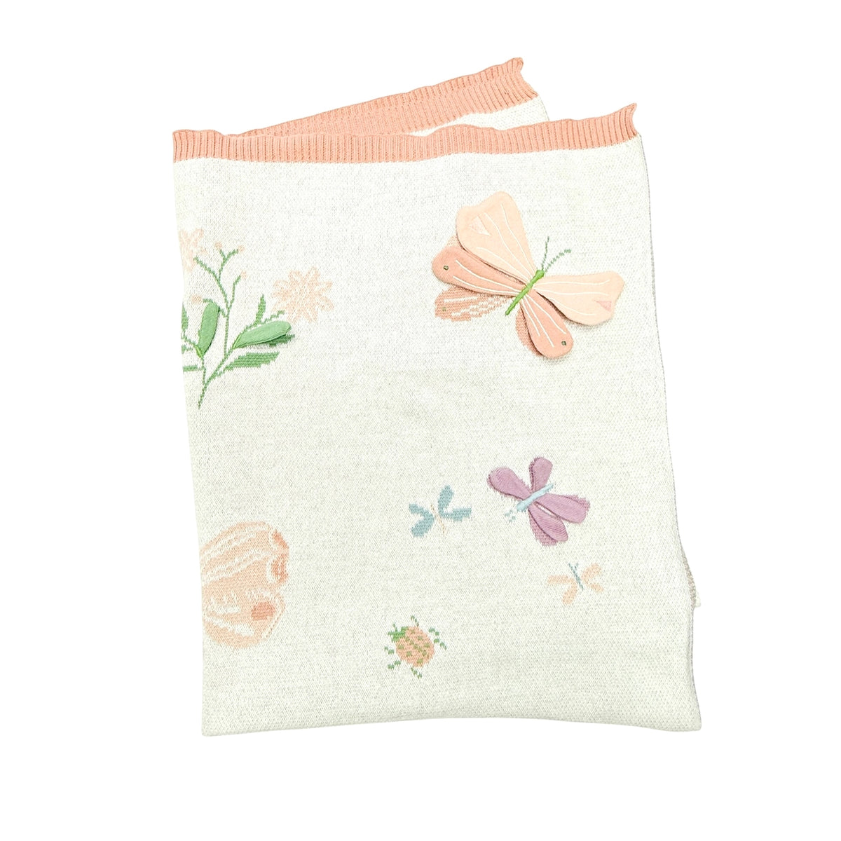 Baby blanket with butterfly and flower patterns on a white background
