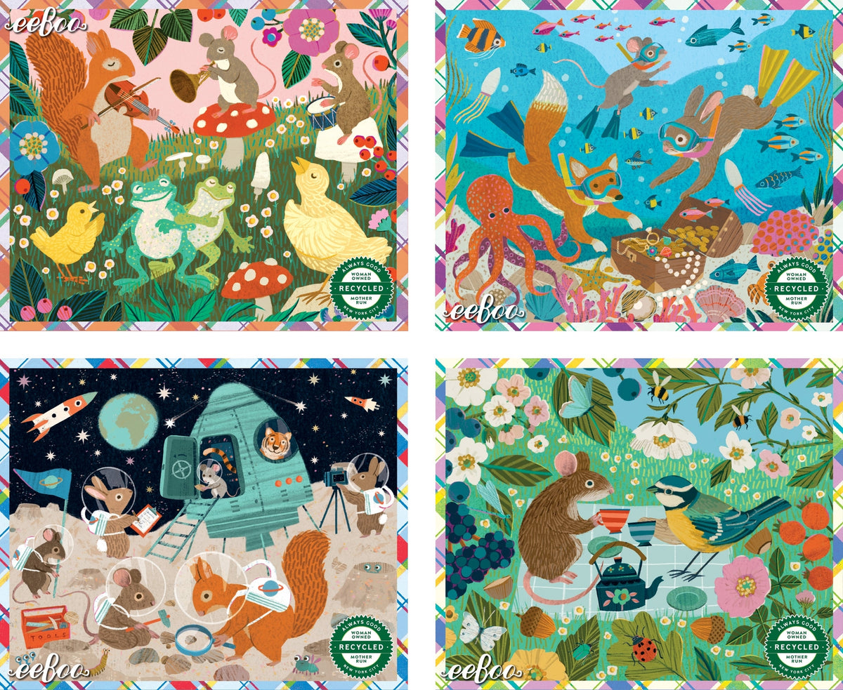 Four colorful children's puzzles with different themes on a white background.