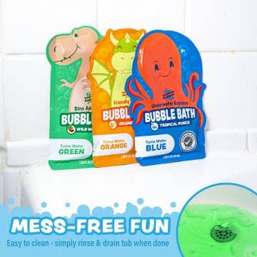 Three colorful packages of bubble bath with cartoon characters on a tiled bathroom background.