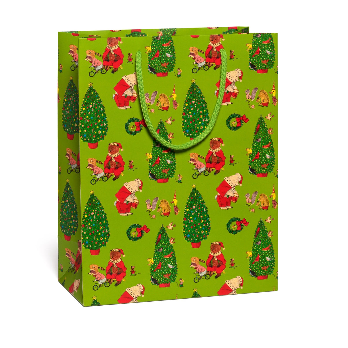 Jolly Bears Medium Gift Bag illustrated by Richard Scarry and produced by Red Cap Cards, featuring a festive green background with repeating holiday bear and Christmas tree patterns.
