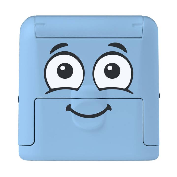 Blue square with cartoon face on a white background
