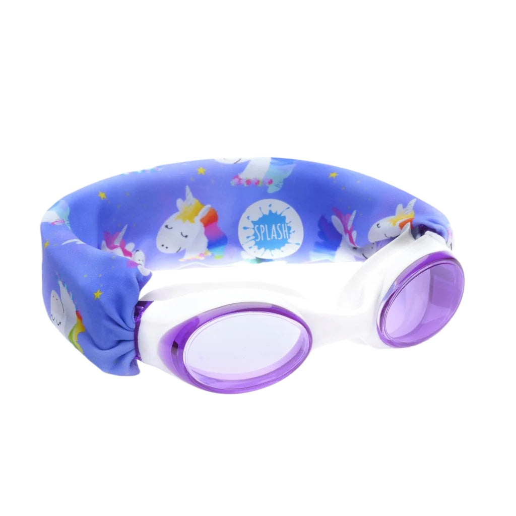 Children's swim goggles with a blue strap featuring unicorn designs on a white background