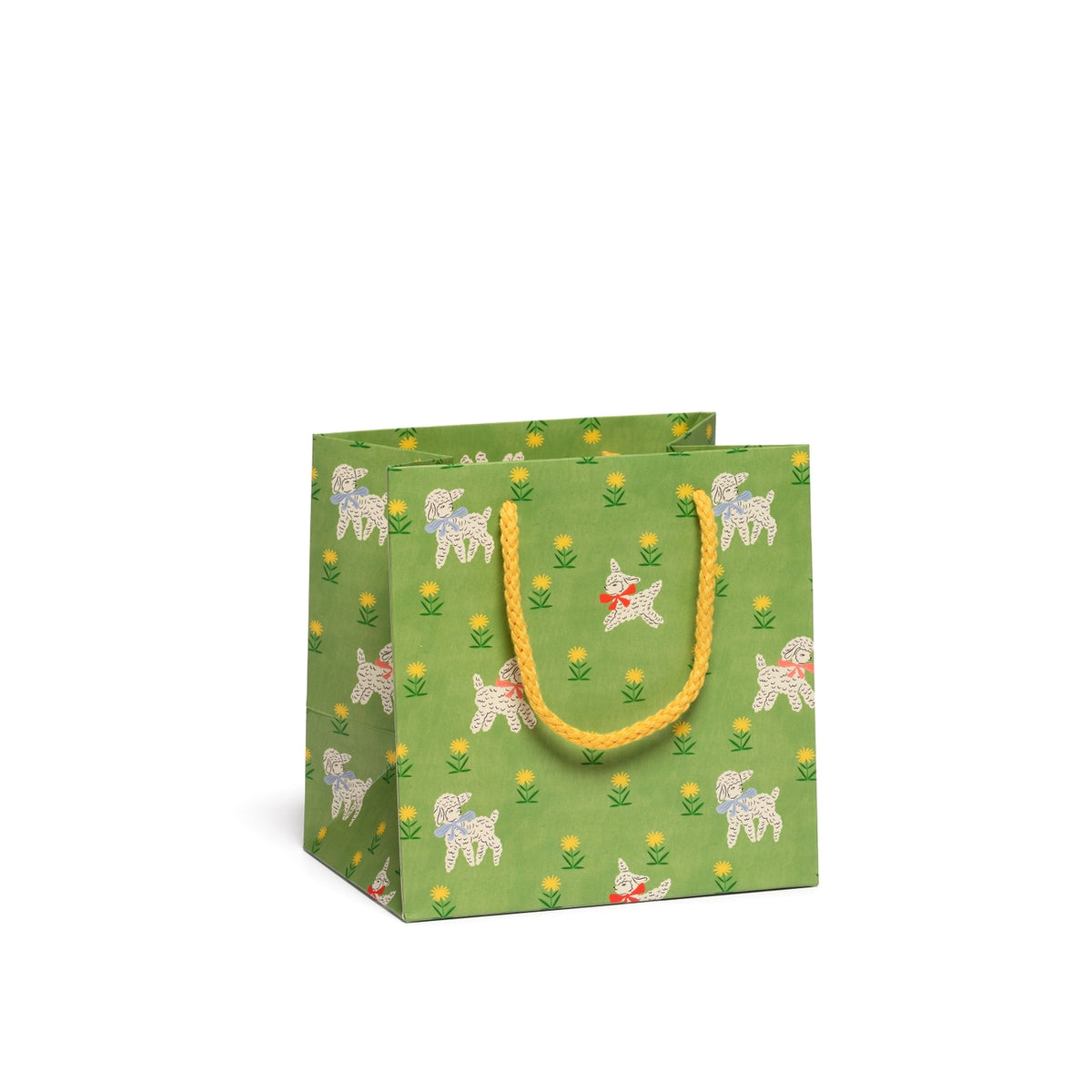 Green gift bag with dog pattern and yellow handle on a white background
