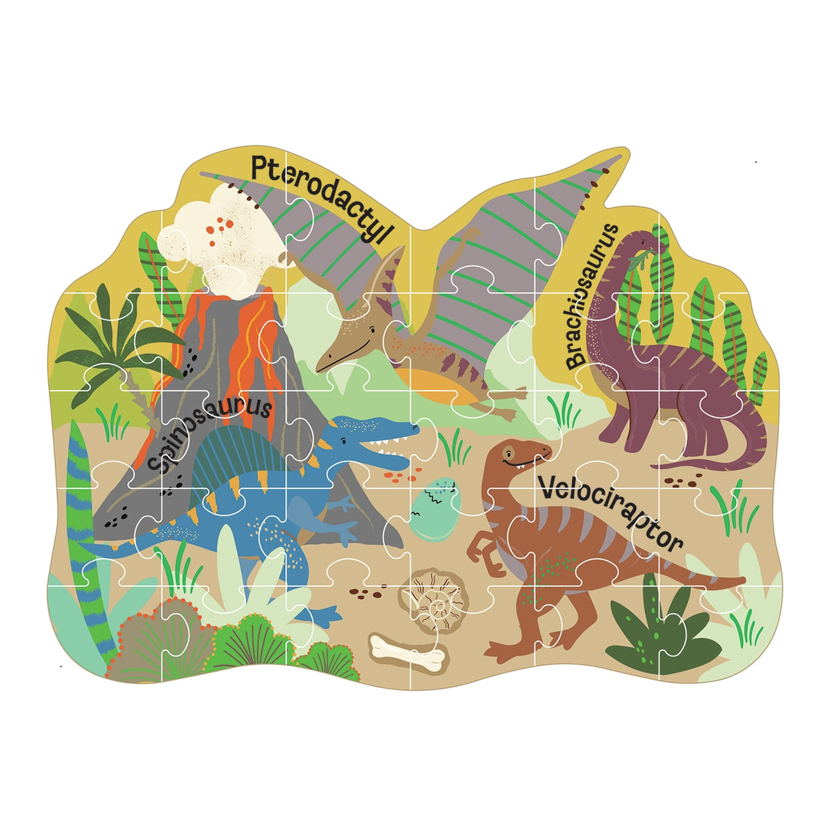 Dinosaur-themed puzzle with illustrated dinosaurs and plants on a white background