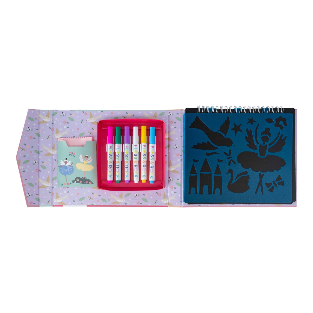 Coloring book set with markers and stencils on a white background