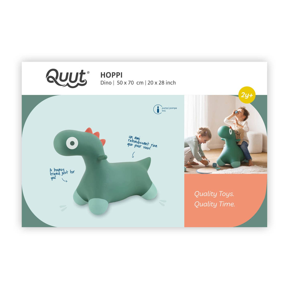 Quut Hoppi dinosaur toy packaging with a child playing with the toy on a white background