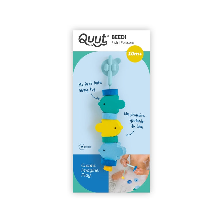 Quut Beedi fish and peacock baby bath toy on its original retail packaging, featuring a colorful wooden bead skewer with fish and peacock designs in teal, yellow, and blue.