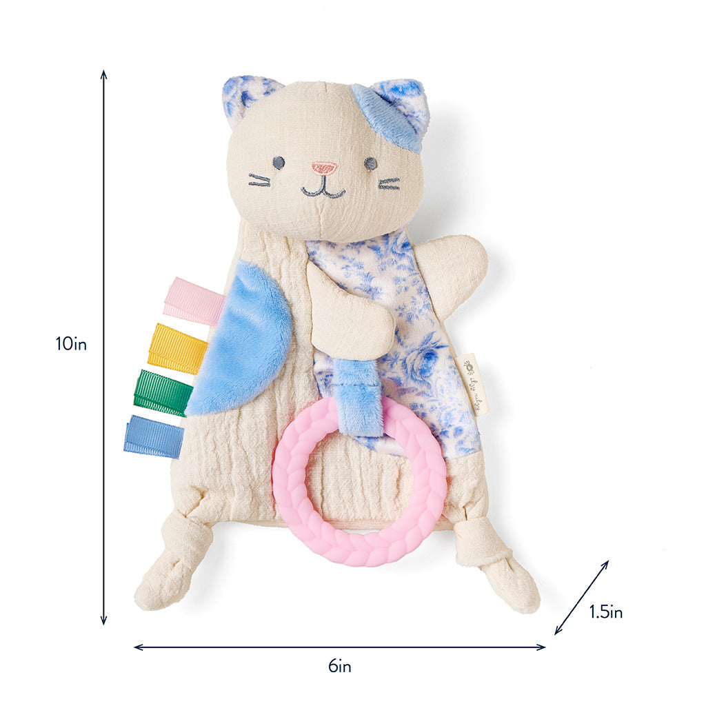 Plush toy cat with colorful elements and dimensions on a white background