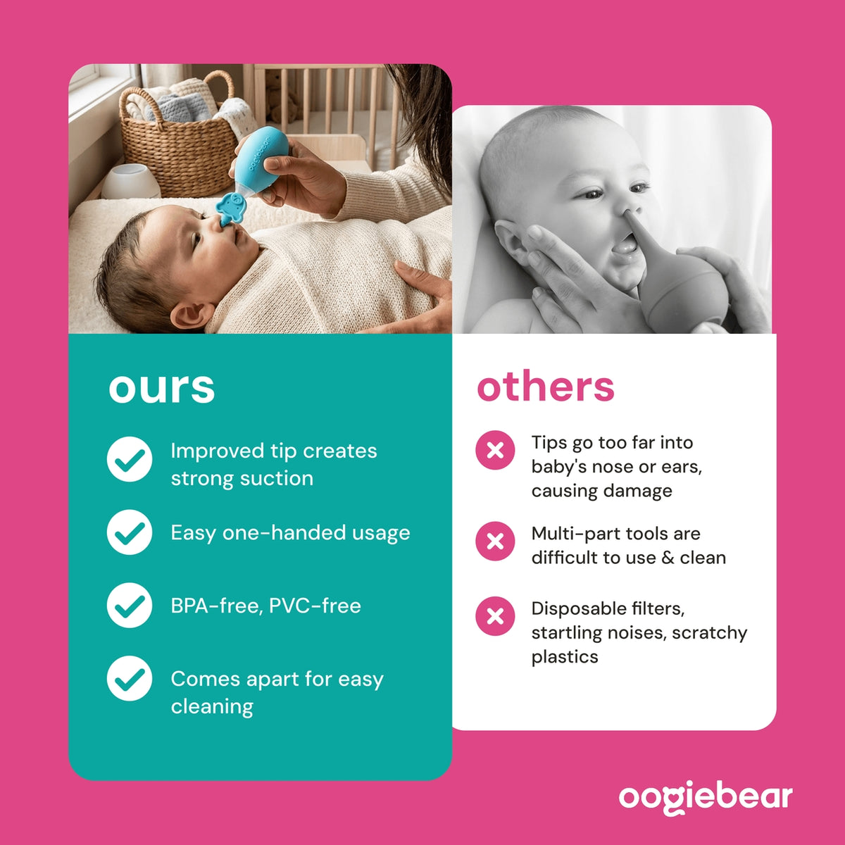 Comparison chart between 'ours' and 'others' baby products on a pink background with oogiebear branding.