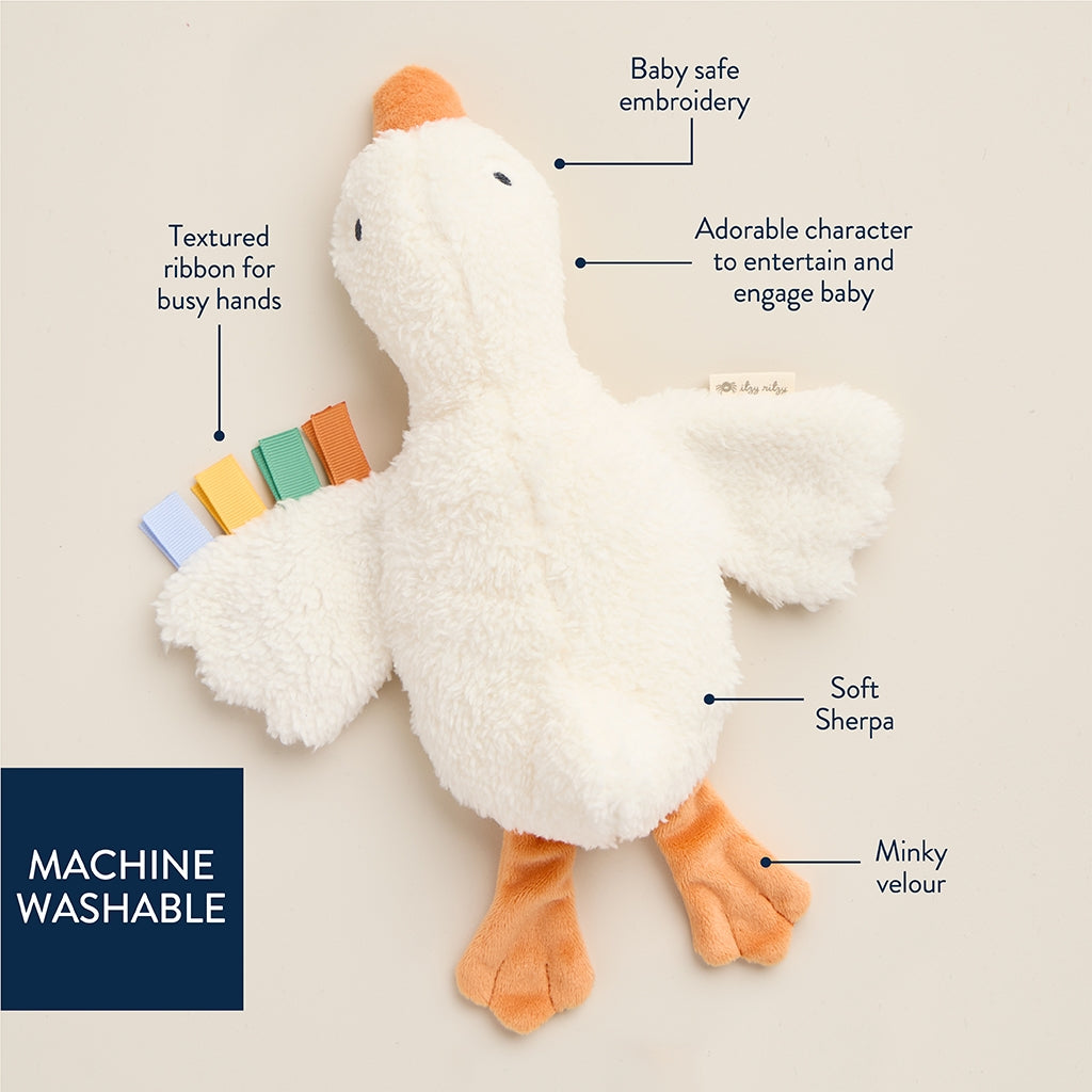 Plush toy with features labeled on a beige background