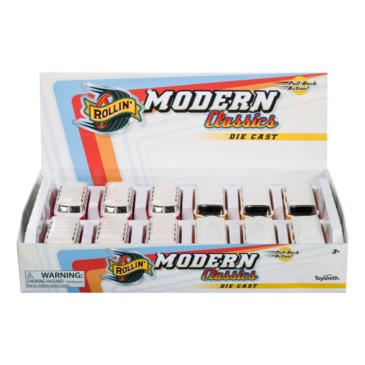 Display box of 'Rollin' Modern Classics' die cast toys with multiple toy cars inside.