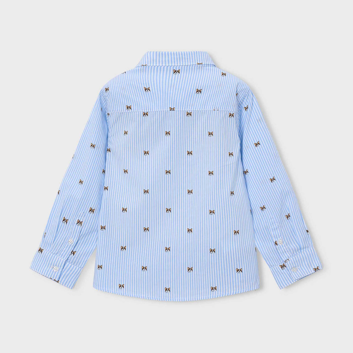 A light blue and white vertically striped long-sleeve button-up shirt with a repeating embroidered bow pattern, shown from the back on a light gray background.
