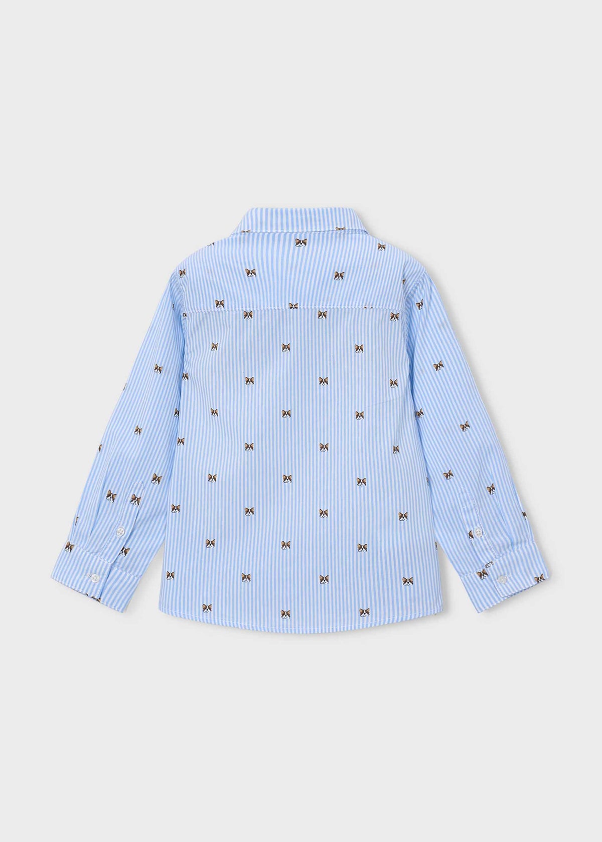 A light blue and white vertically striped long-sleeve button-up shirt with a repeating embroidered bow pattern, shown from the back on a light gray background.