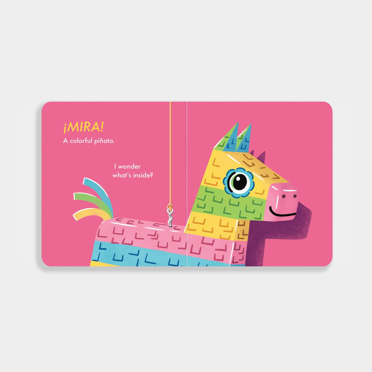 Colorful piñata illustration on a pink background with text