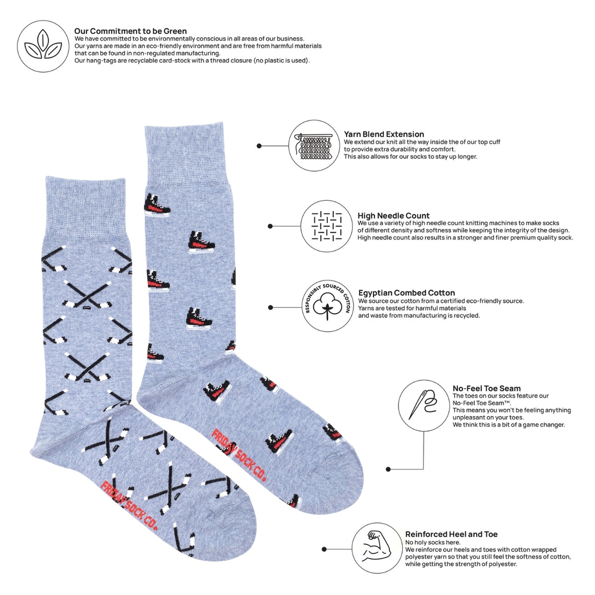 Blue socks with black and red patterns on a white background with text about sustainability.