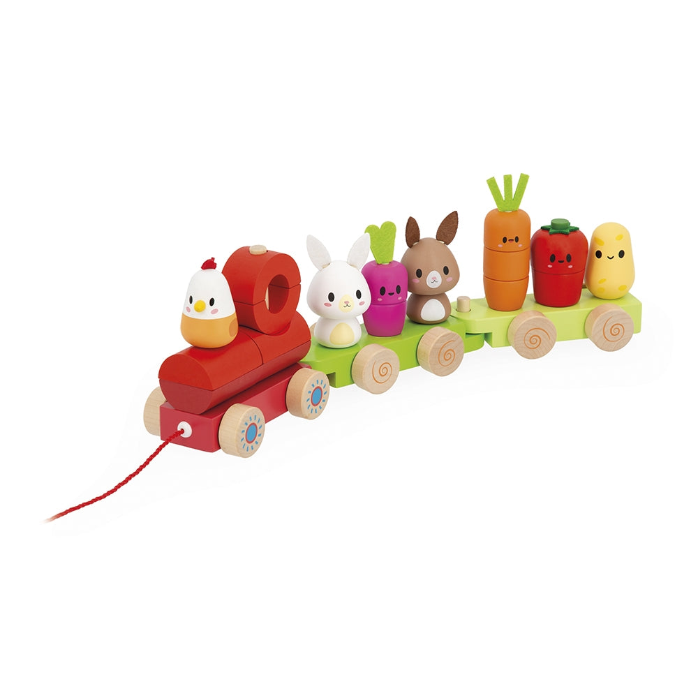 Colorful wooden toy train with animal and vegetable figures on a white background