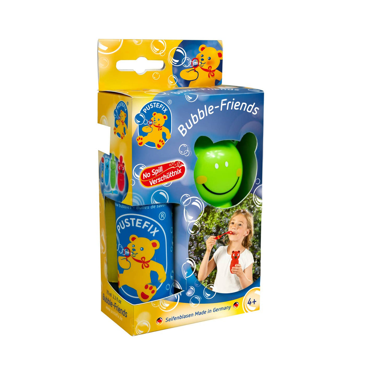 Bustefix Bubble-Friends packaging with a green bubble blower and teddy bear design.