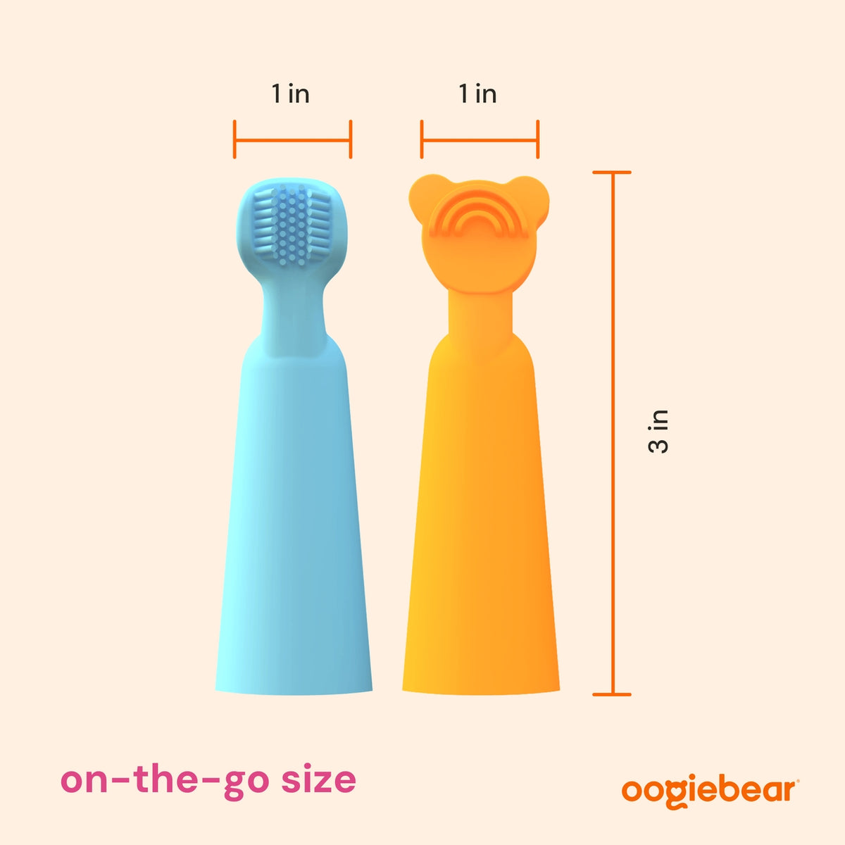 Two children's toothbrushes, one blue and one orange with a bear design, shown with measurements on a beige background.